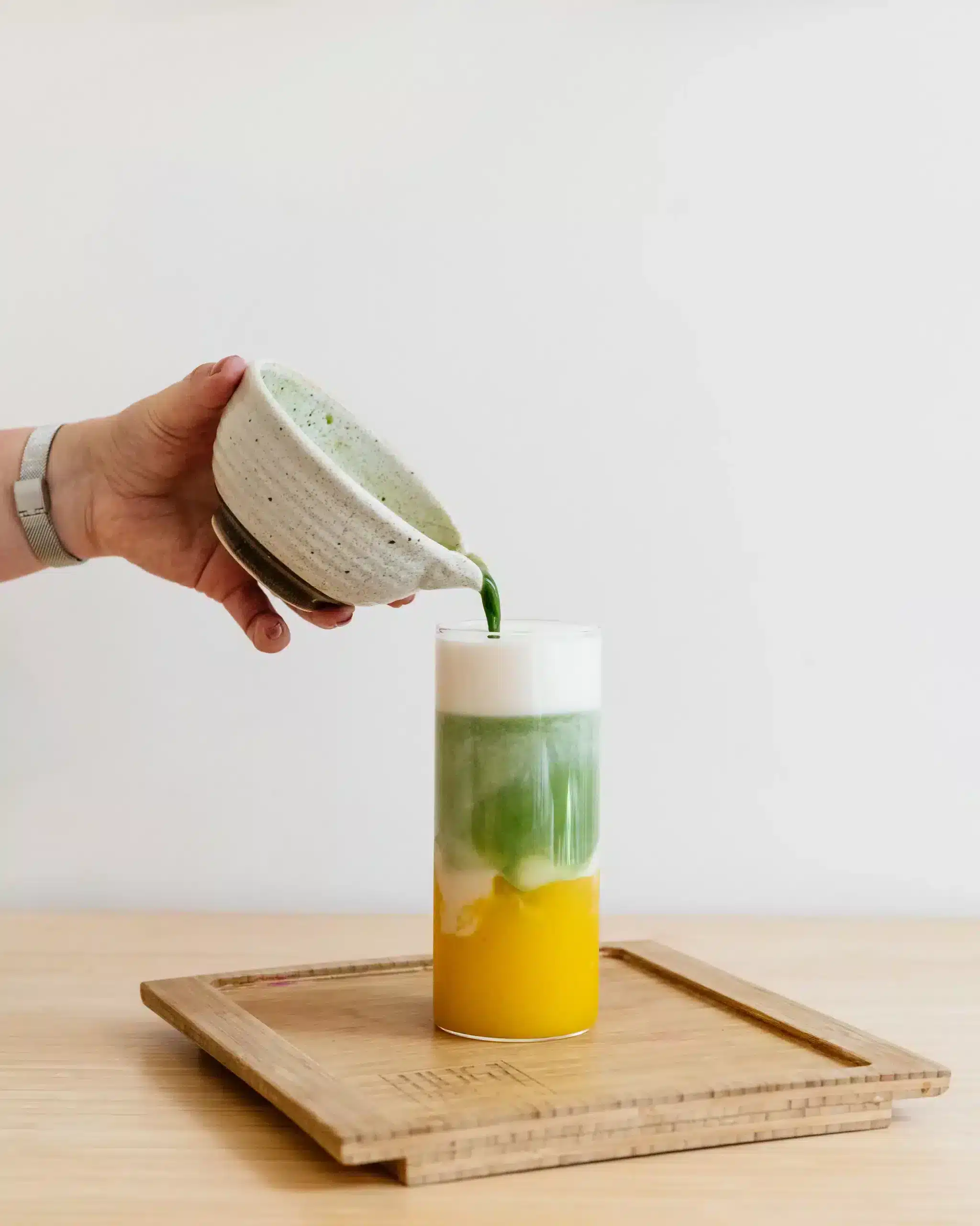 iced mango matcha latte